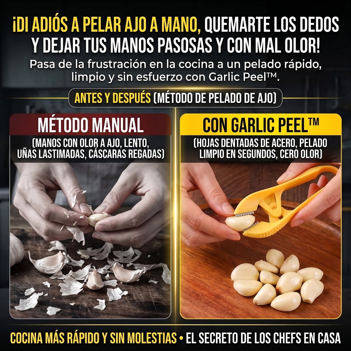 GARLIC PEEL™ Pelador de Ajos Ergonómico con Cuchillas de Acero 2X1