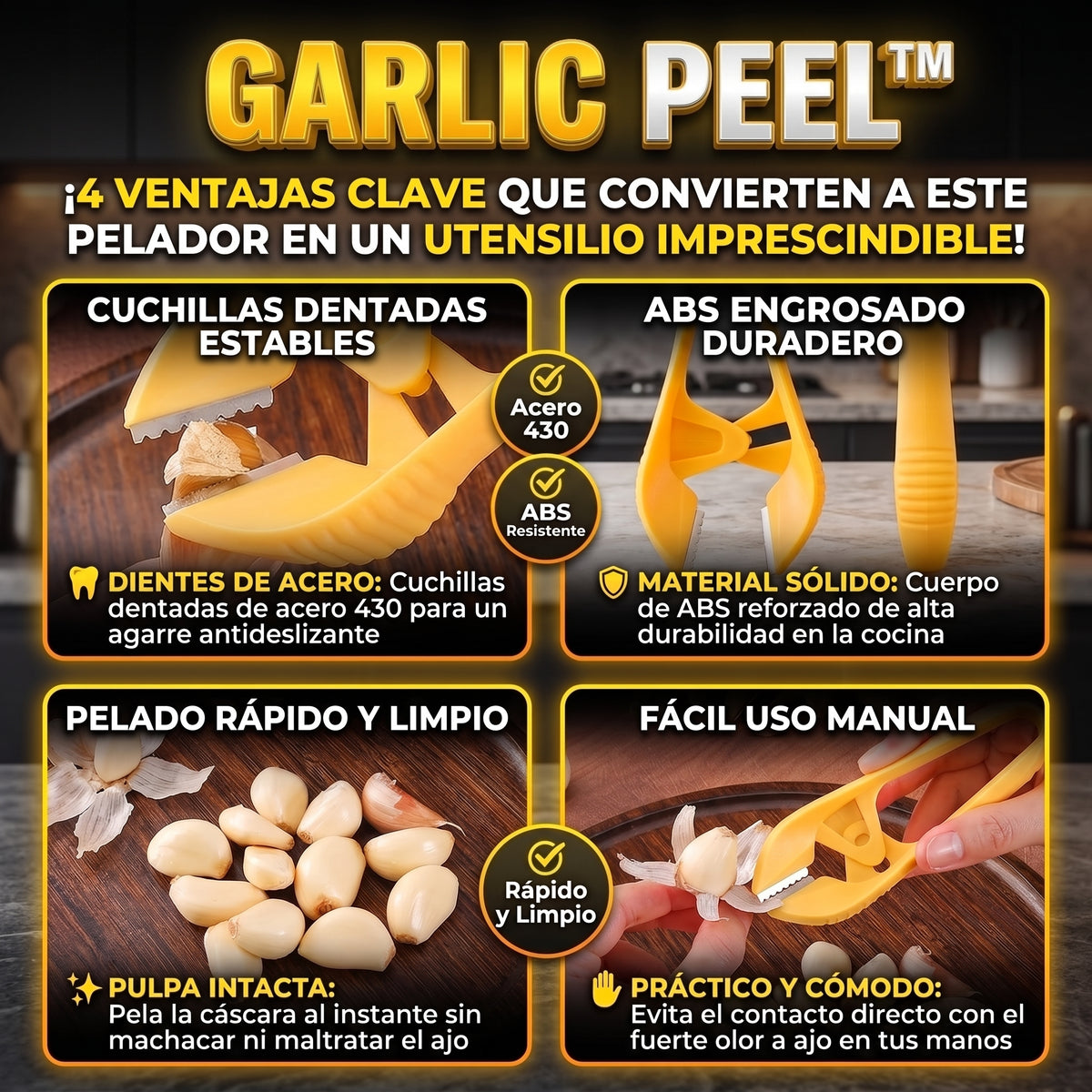 GARLIC PEEL™ Pelador de Ajos Ergonómico con Cuchillas de Acero 2X1