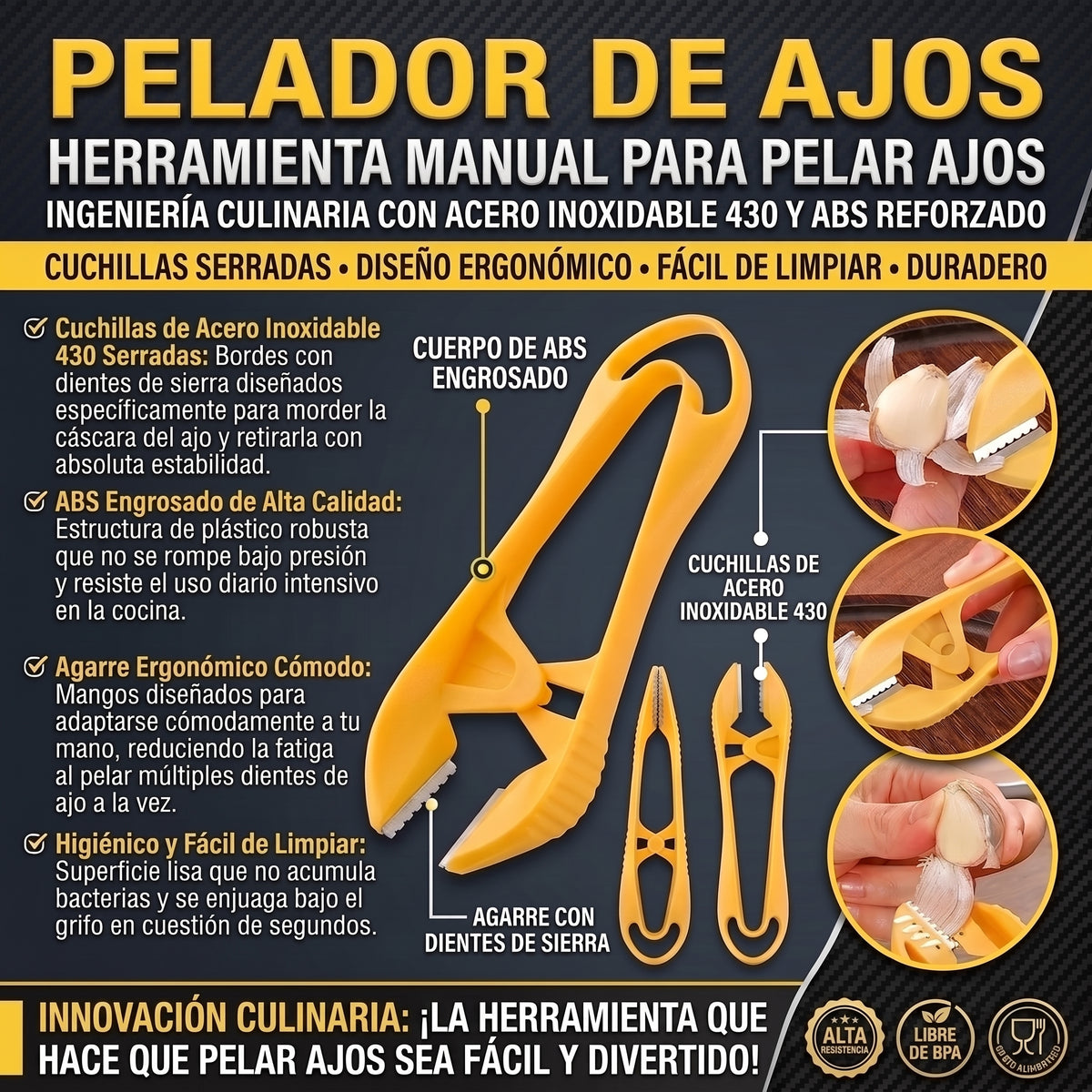 GARLIC PEEL™ Pelador de Ajos Ergonómico con Cuchillas de Acero 2X1