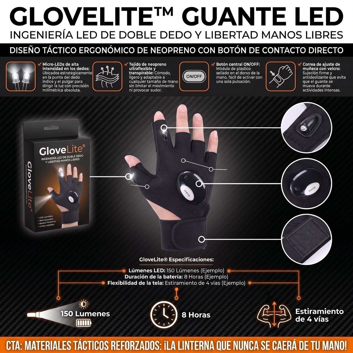 GLOVELITE™ Guantes Tácticos con Linterna LED Manos Libres