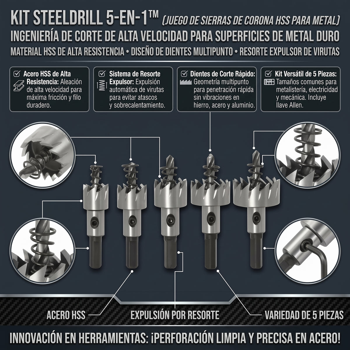 STEELDRILL KIT™ Juego de 5 Brocas Sierra Copa de Acero Rápido