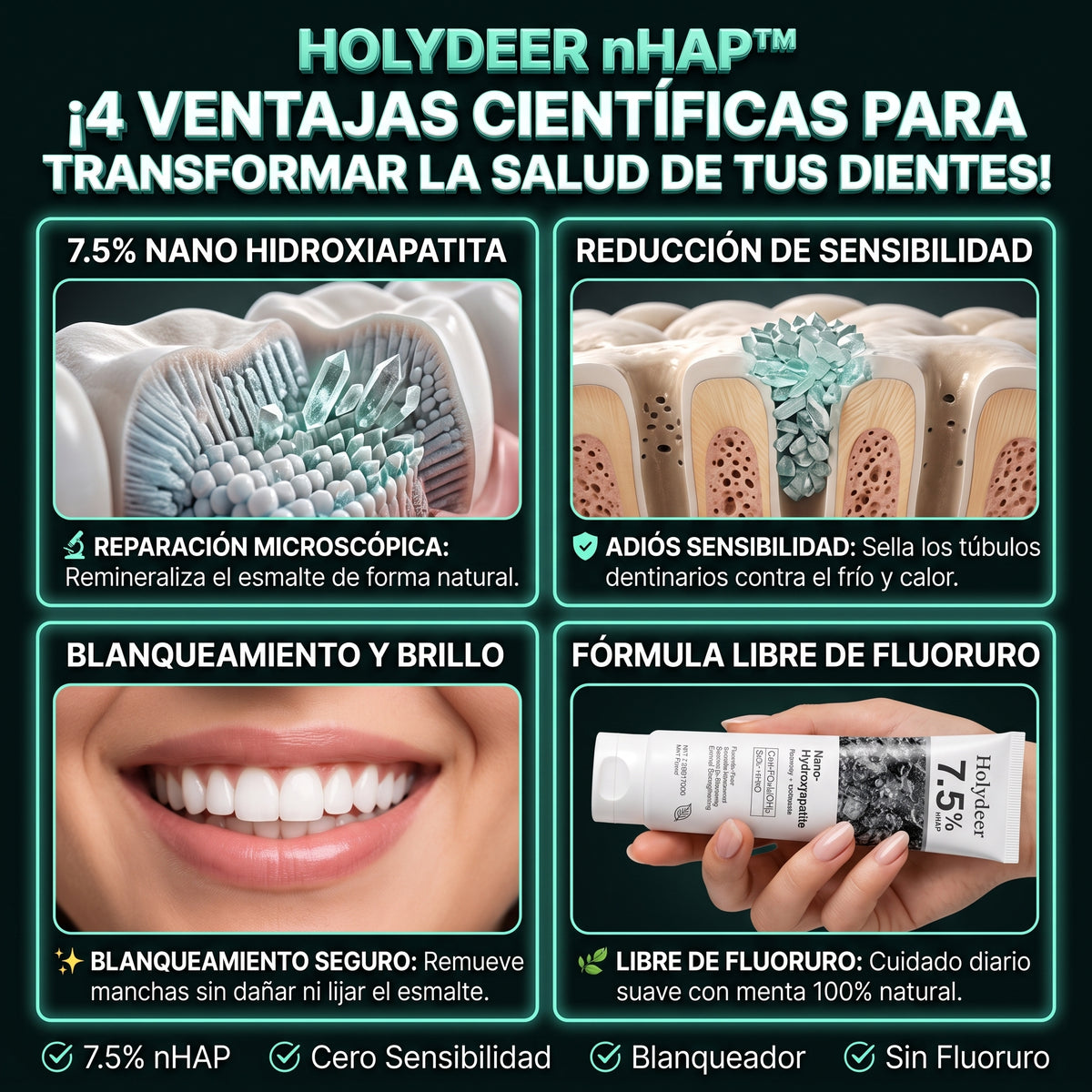 HOLYDEER™ (120g) Pasta de Dientes Reparadora con 7.5% Nano Hidroxiapatita 2X1
