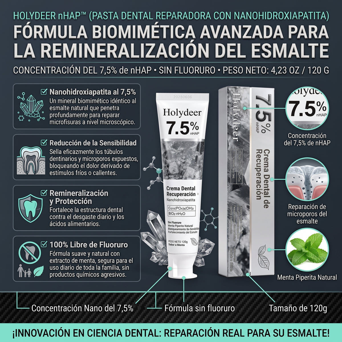 HOLYDEER™ (120g) Pasta de Dientes Reparadora con 7.5% Nano Hidroxiapatita 2X1