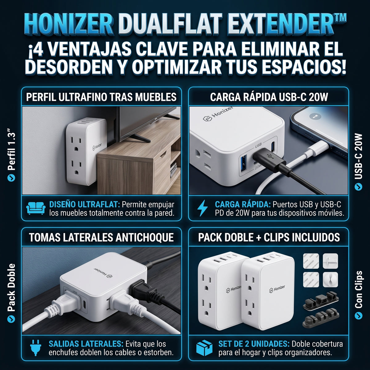 HONIZER DUO™ Extensor de Tomacorriente de Doble Salida y Alta Carga