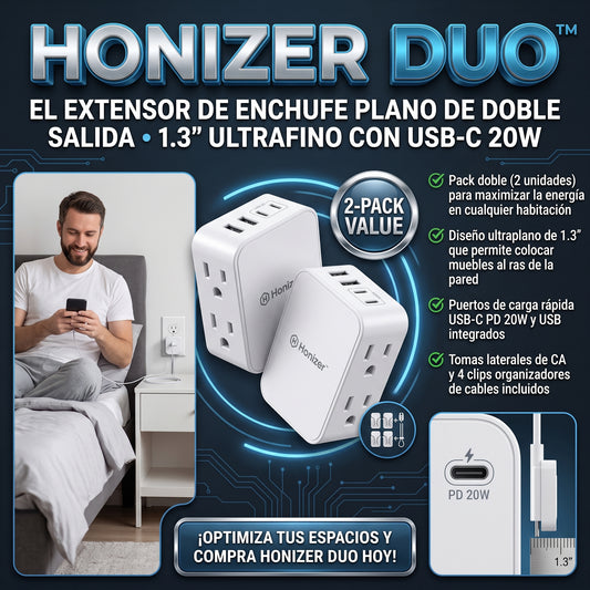 HONIZER DUO™ Extensor de Tomacorriente de Doble Salida y Alta Carga