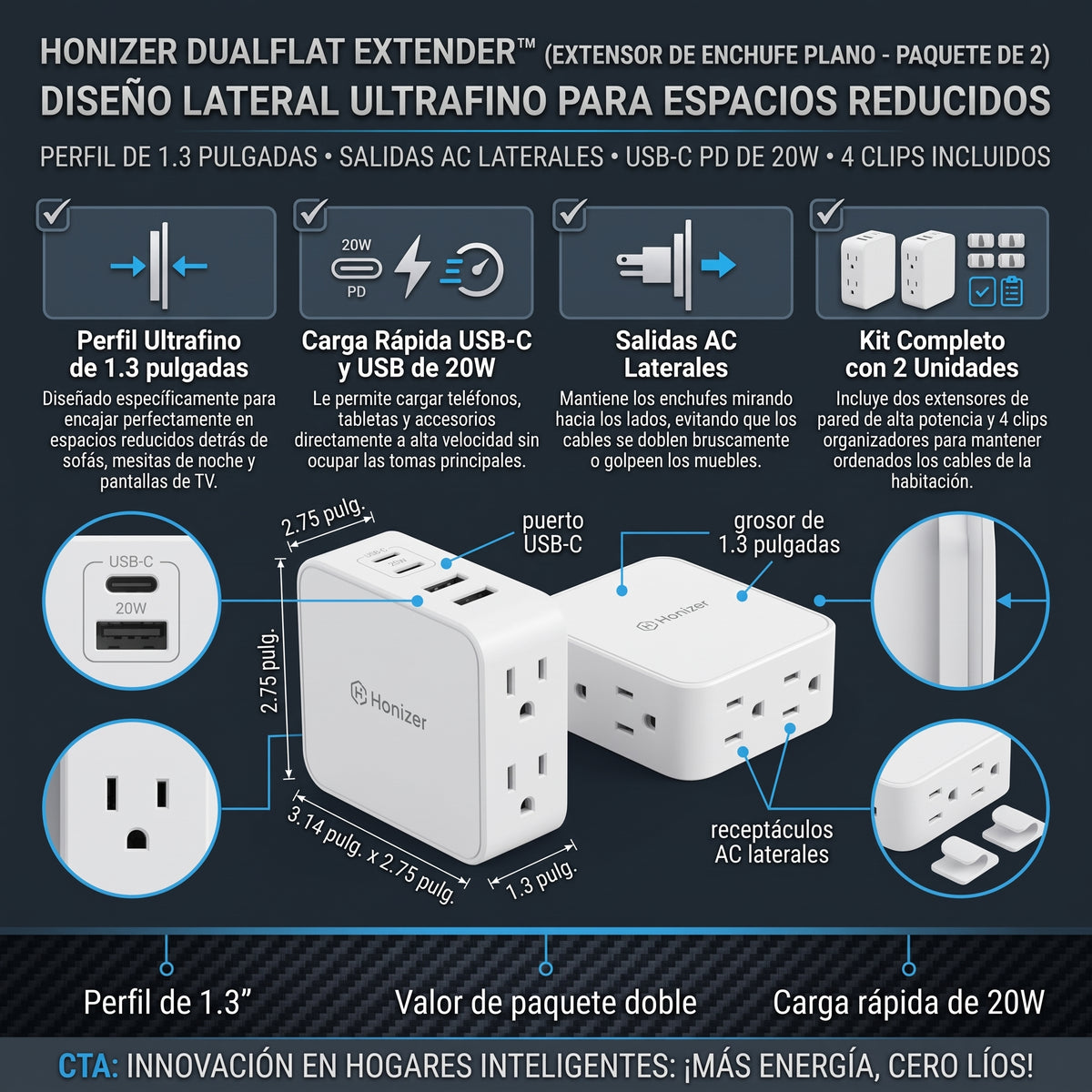 HONIZER DUO™ Extensor de Tomacorriente de Doble Salida y Alta Carga