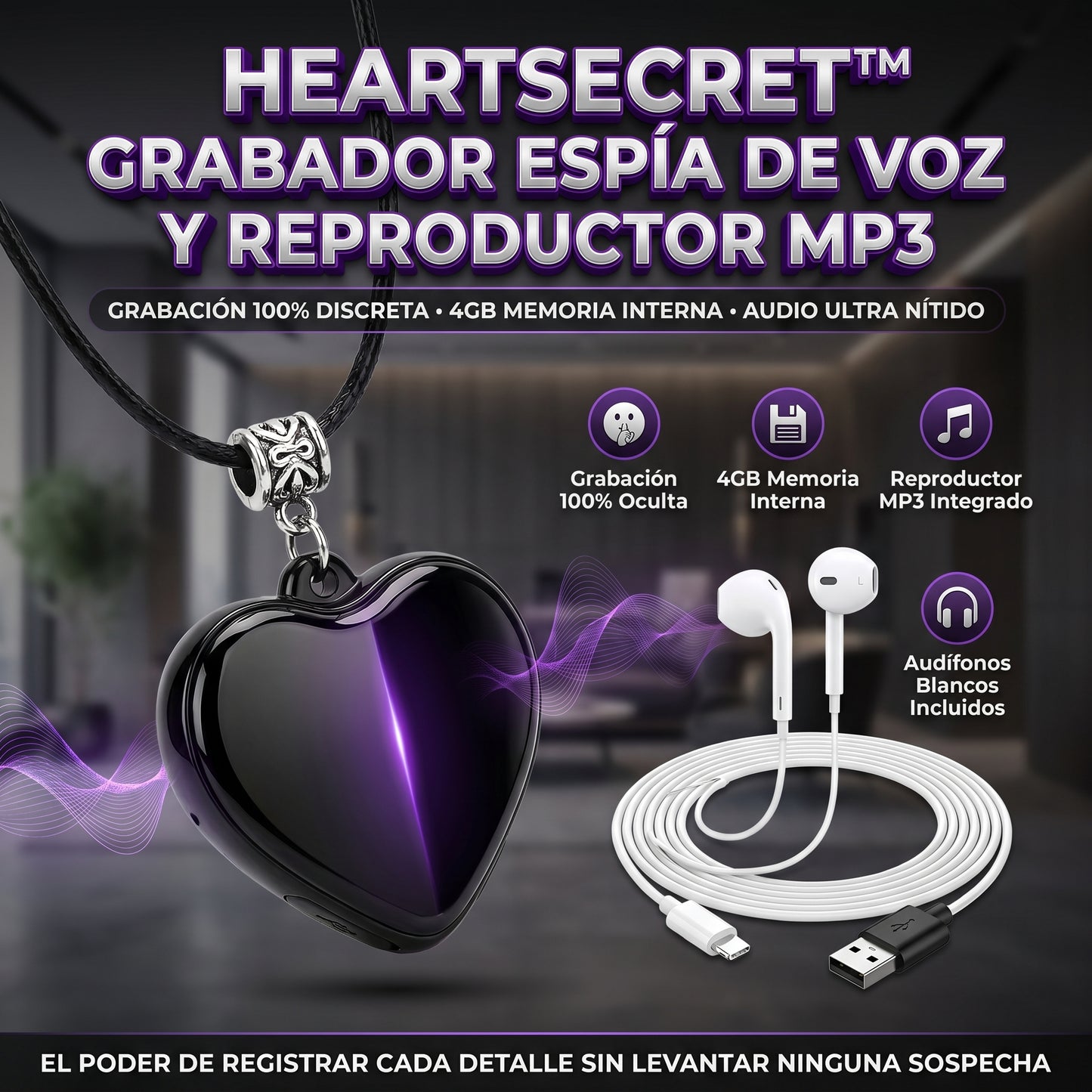 HeartSecret™ Grabador de Voz Digital Espía y Reproductor MP3