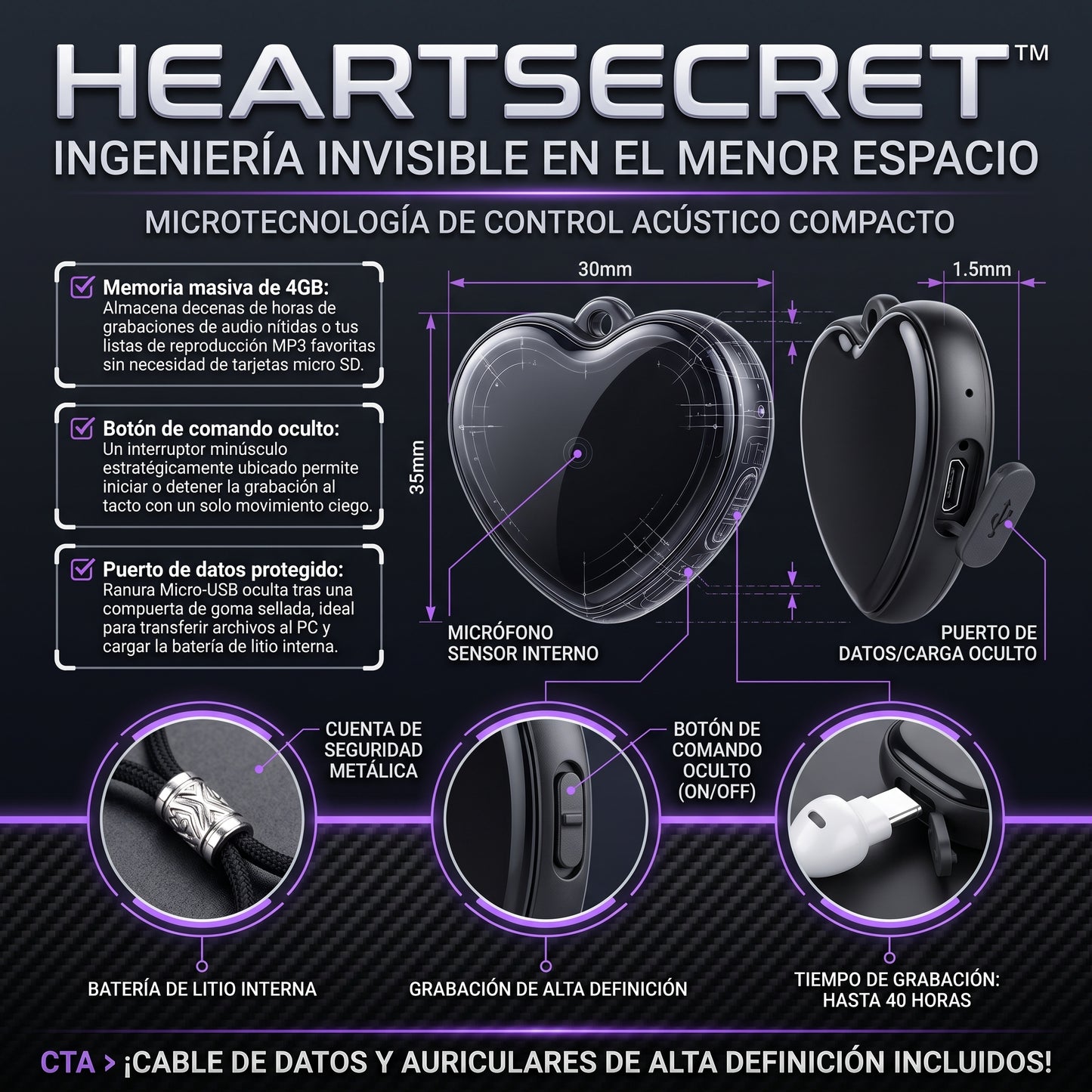 HeartSecret™ Grabador de Voz Digital Espía y Reproductor MP3