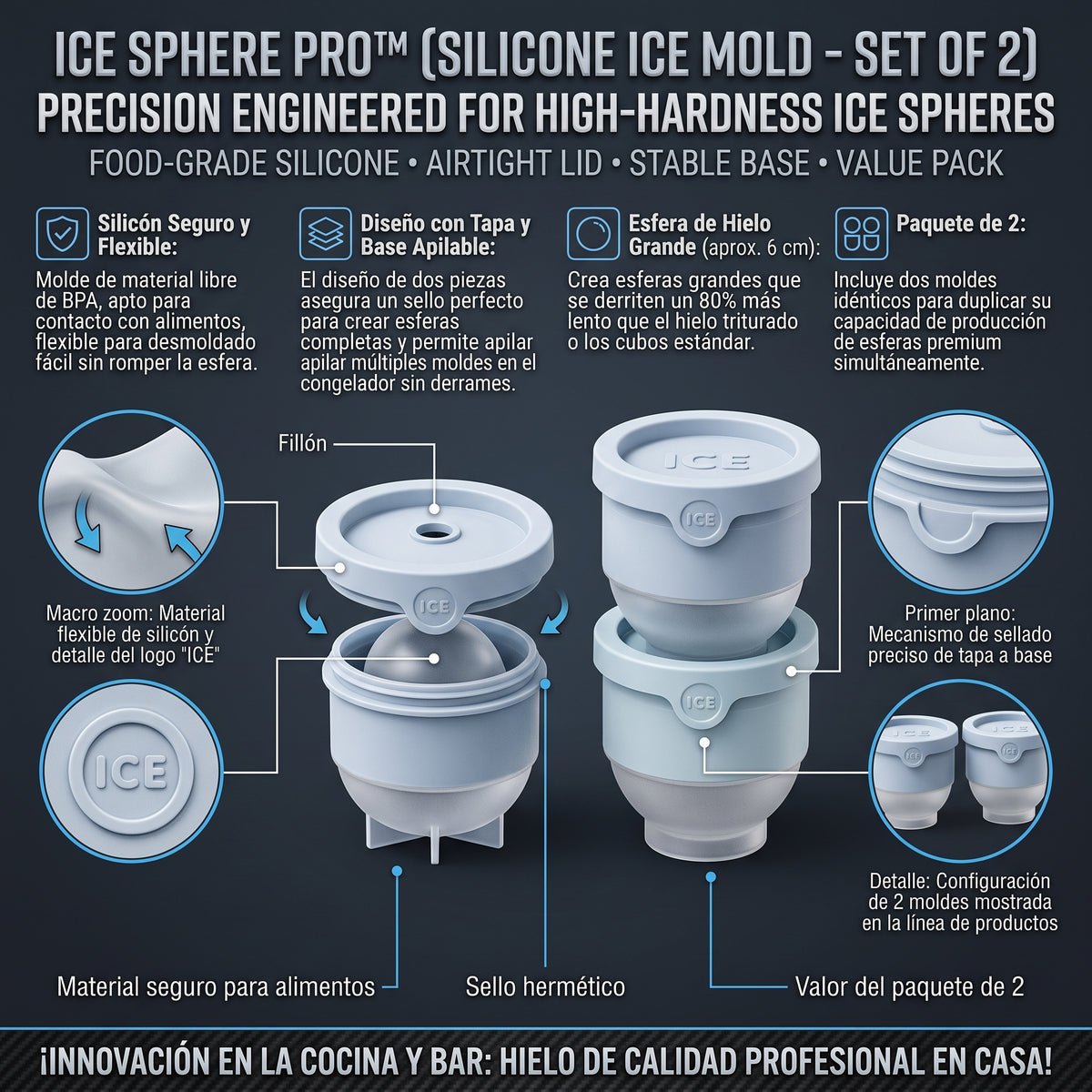 ICE SPHERE PRO™ Moldes de Esferas de Hielo de Silicona x 2und