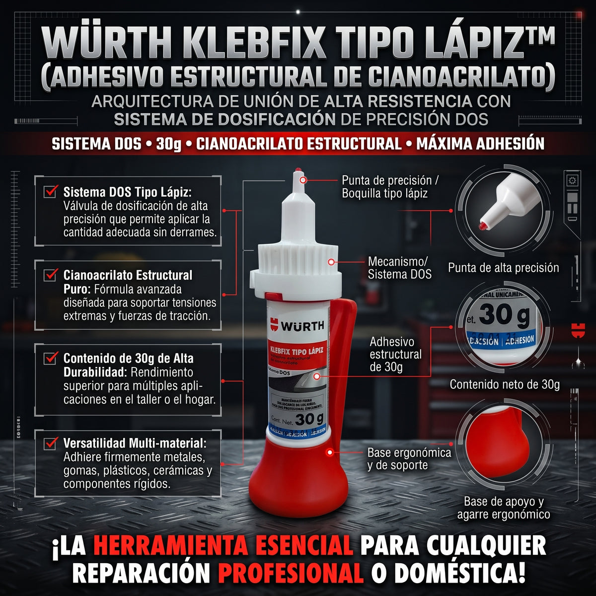 WÜRTH KLEBFIX™ 30g Adhesivo Estructural de Cianocrilato 2X1