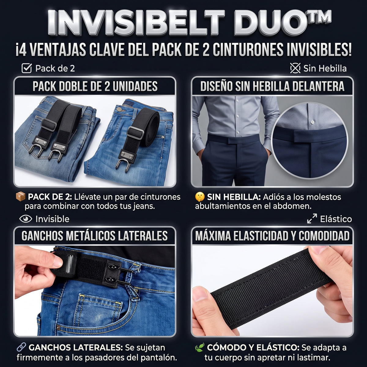 INVISIBELT DUO™ Cinturón Elástico Ajustable sin Hebilla con Gancho set 2