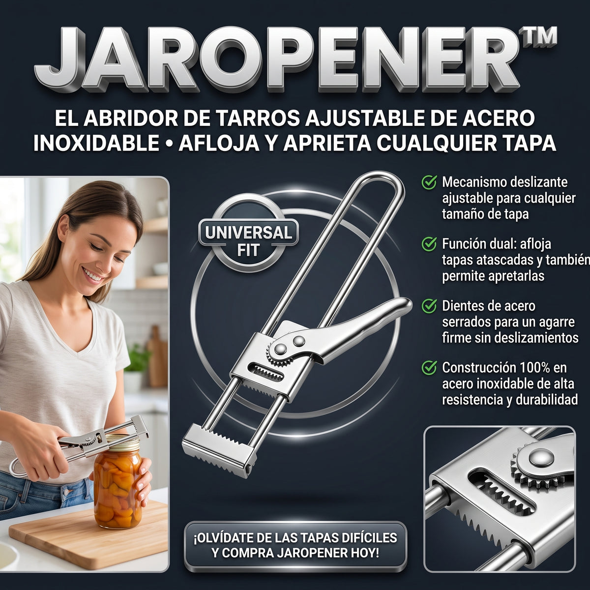 JAROPENER™ Abrefrascos y Abretapas Ajustable de Acero Inoxidable