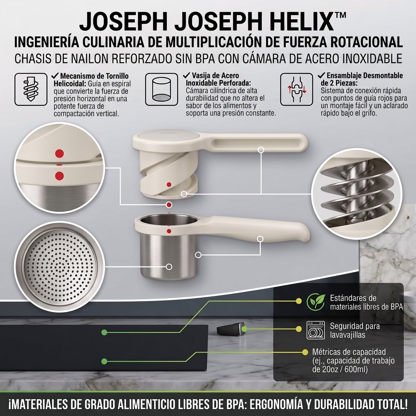 Joseph Joseph Helix™ Prensador Manual de Papa y Verduras