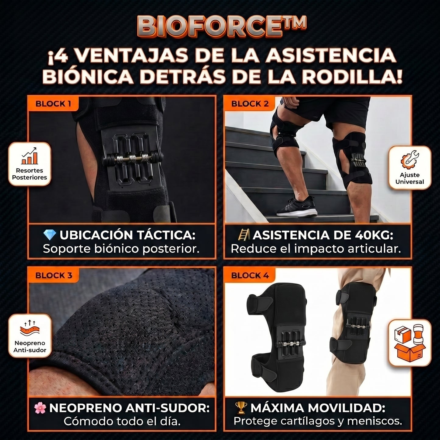 BIOFORCE™ Rodillera Biónica de Soporte Articular con Resortes de Asistencia
