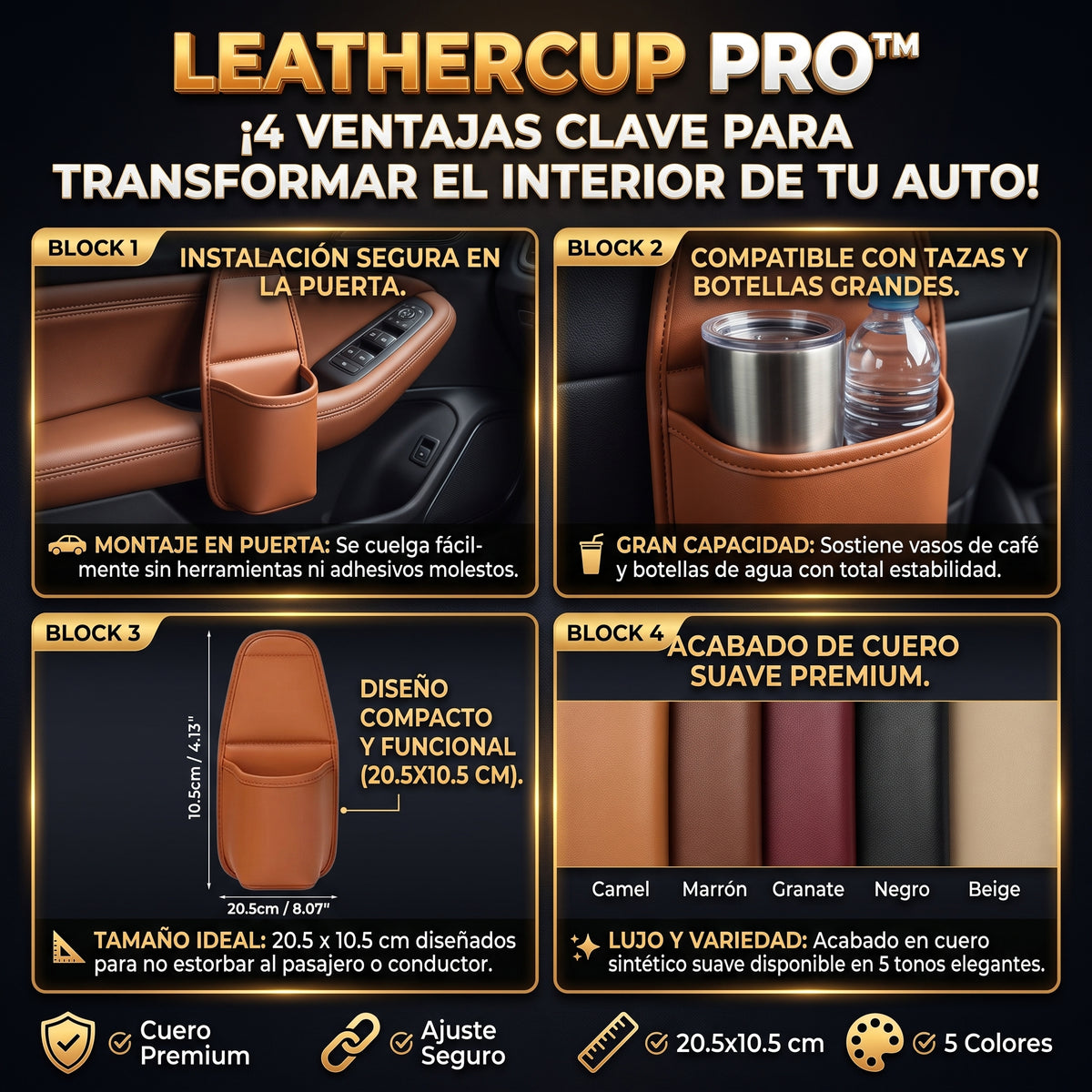 LEATHERCUP™ Organizador Porta Vasos de Cuero para Puerta de Auto