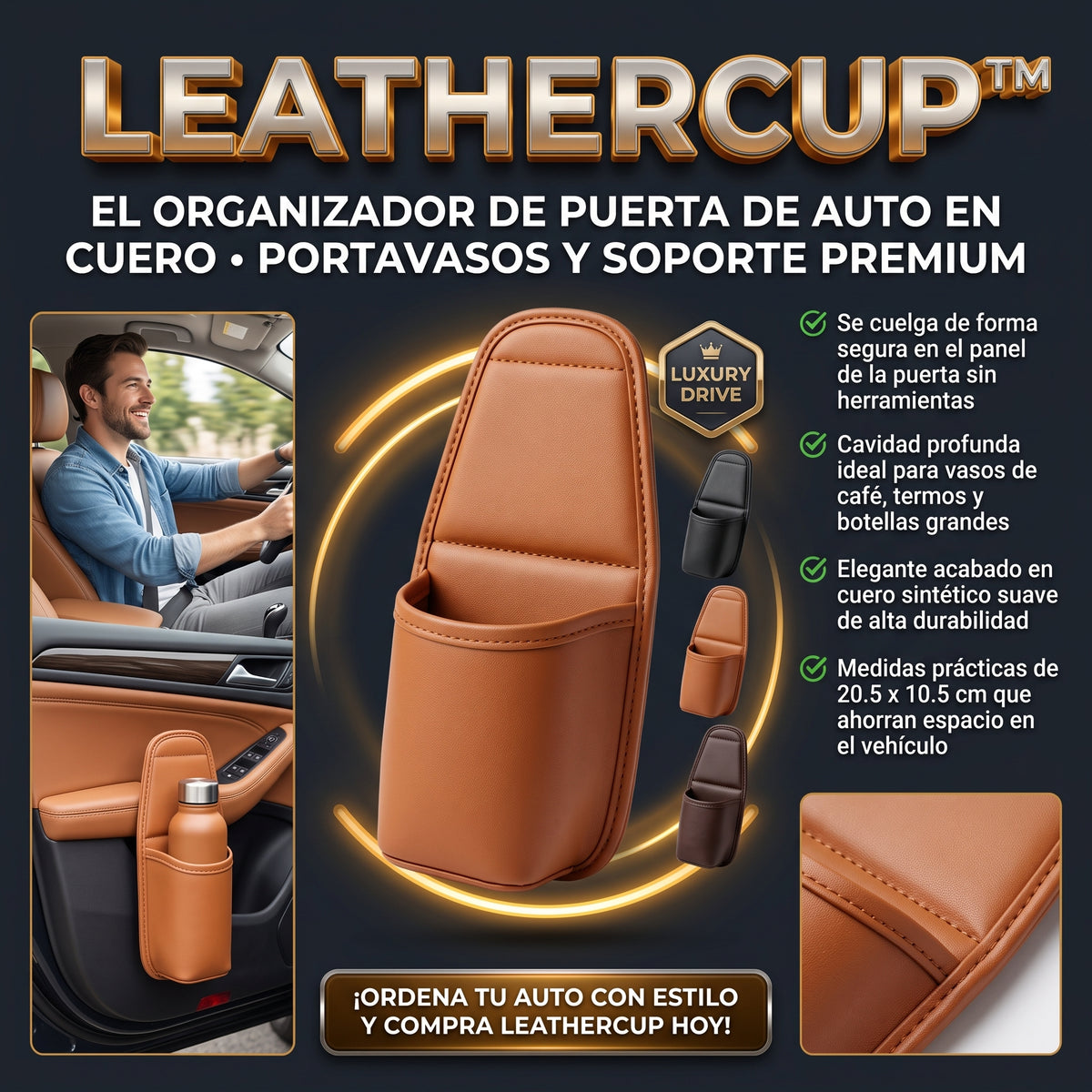 LEATHERCUP™ Organizador Porta Vasos de Cuero para Puerta de Auto