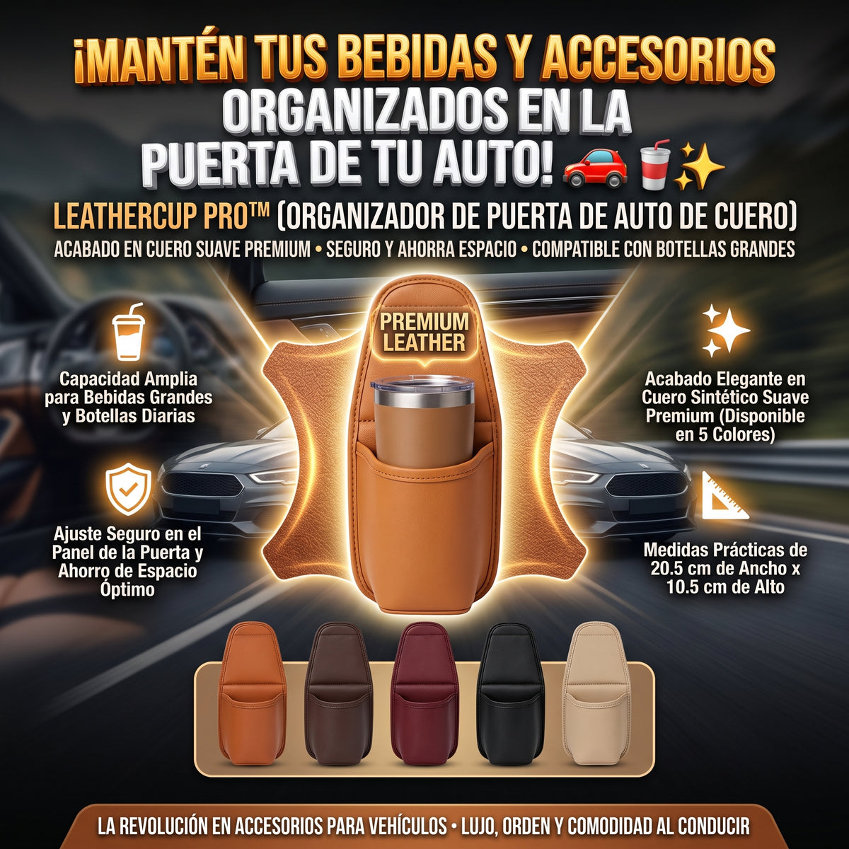 LEATHERCUP™ Organizador Porta Vasos de Cuero para Puerta de Auto