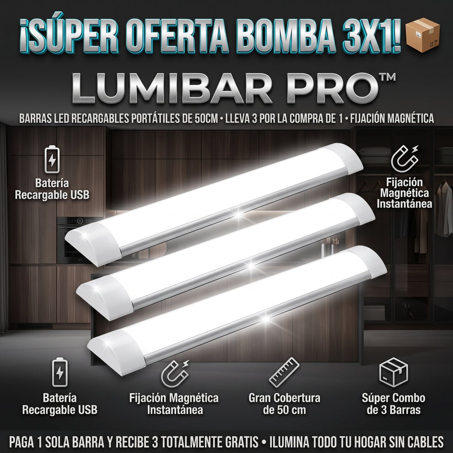LumiBar PRO™ Lámpara Barra LED Recargable Portátil Magnética x3