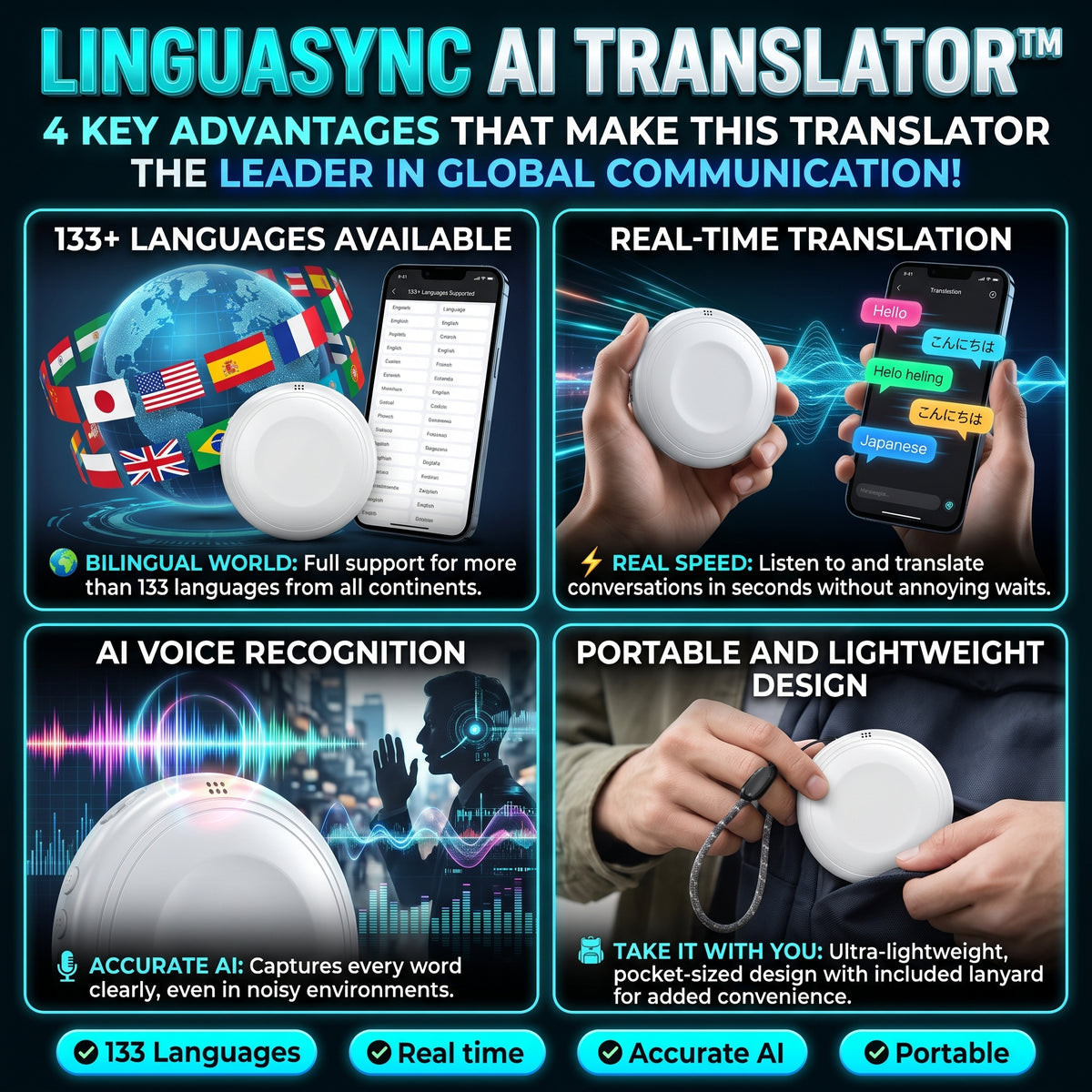 LINGUASYNC AI TRANSLATOR™ Traductor Inteligente de Voz Portátil con IA