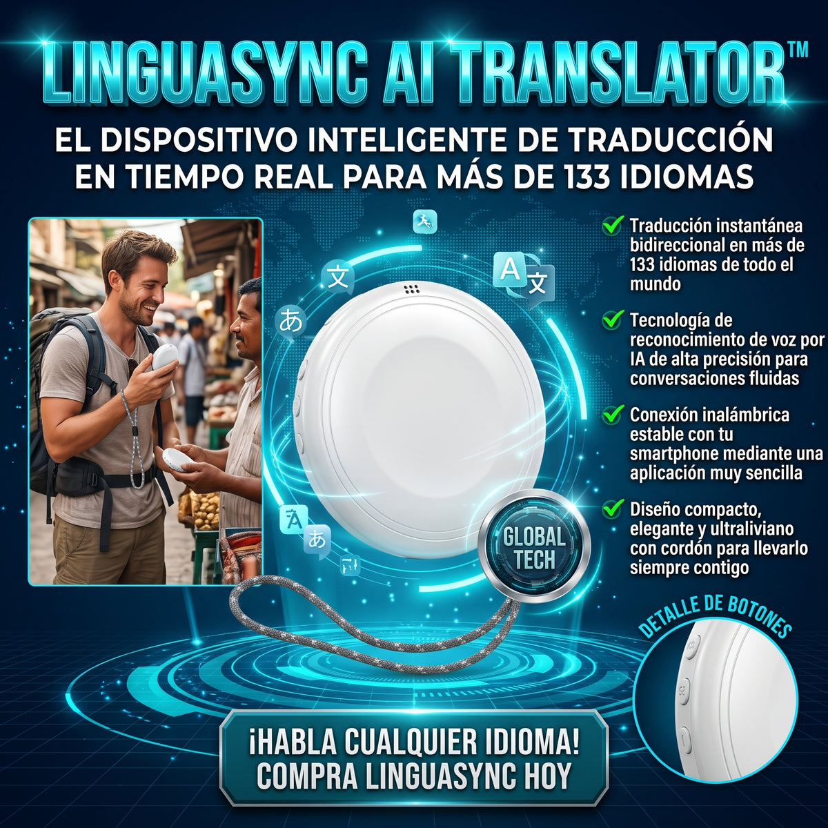 LINGUASYNC AI TRANSLATOR™ Traductor Inteligente de Voz Portátil con IA