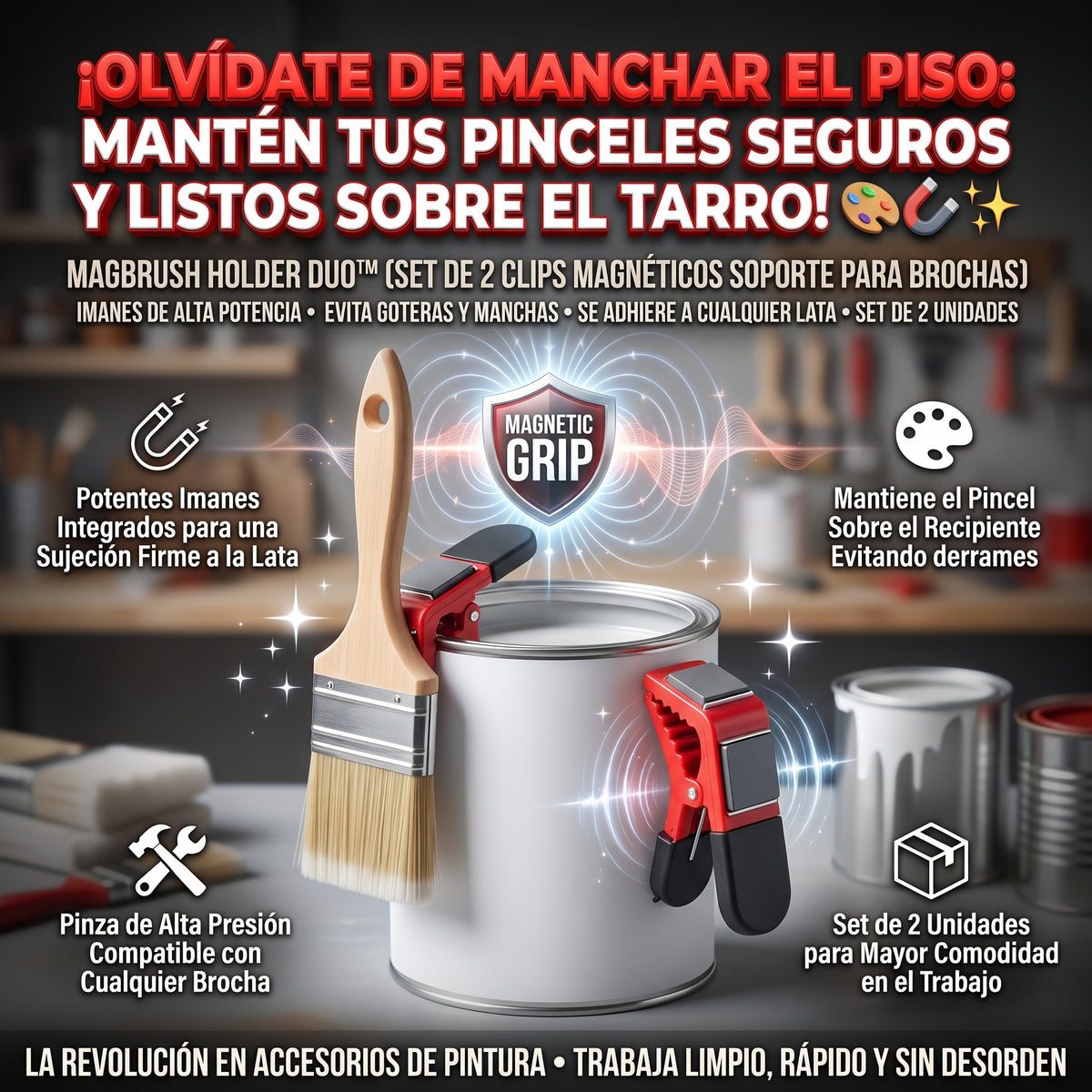 MAGBRUSH™ PAINTCLIP Clips Magnéticos Sujeta Brochas para Tarros de Pintura