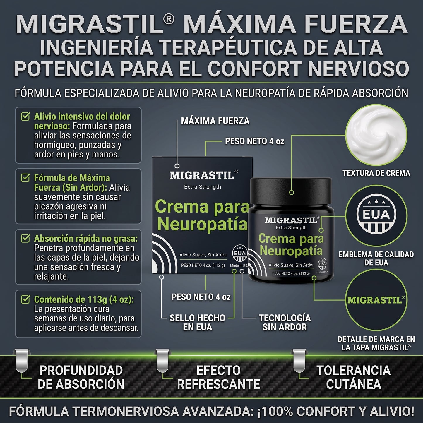MIGRASTIL® Neuropathy Cream Alivio focalizado Contar El Dolor