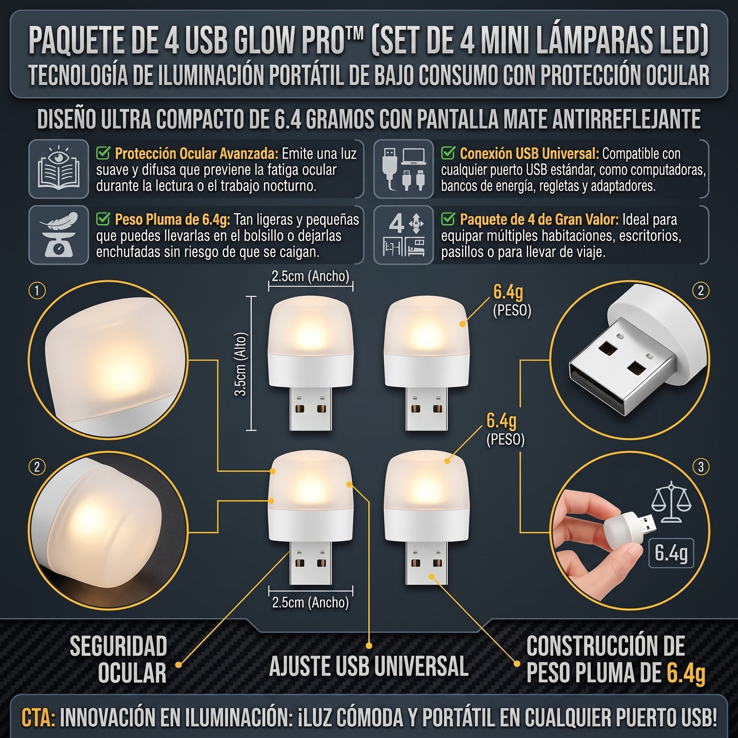 USB GLOW™ Lámparas LED USB de Luz Nocturna SET 4