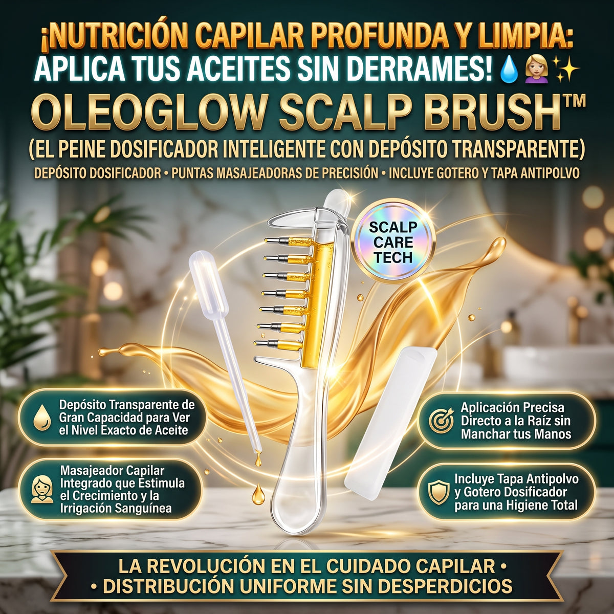 OLEOGLOW™ Peine Aplicador y Dosificador de Aceite Capilar