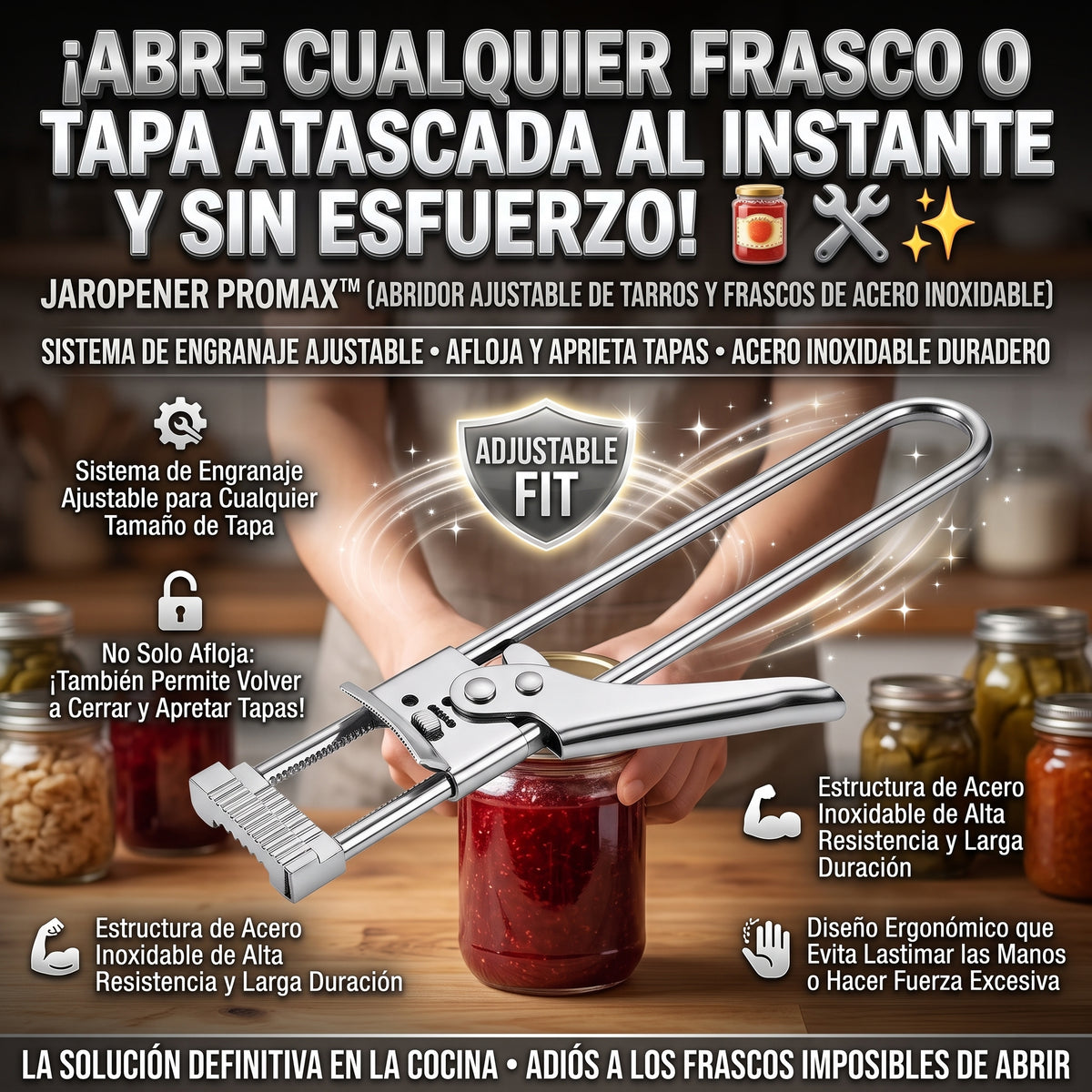 JAROPENER™ Abrefrascos y Abretapas Ajustable de Acero Inoxidable