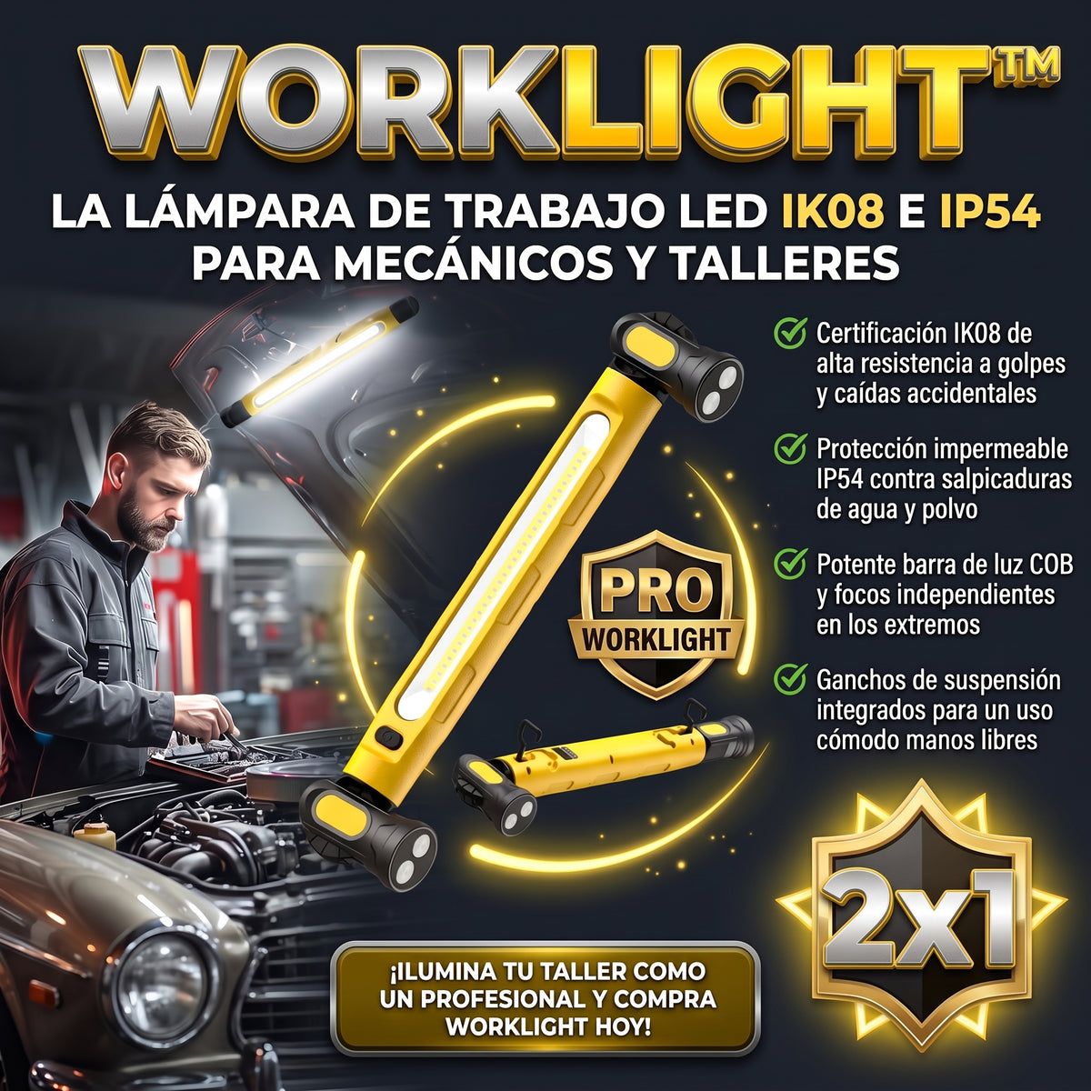 WORKLIGHT™ Lámpara de Emergencia y Luz de Trabajo LED Recargable 2x1