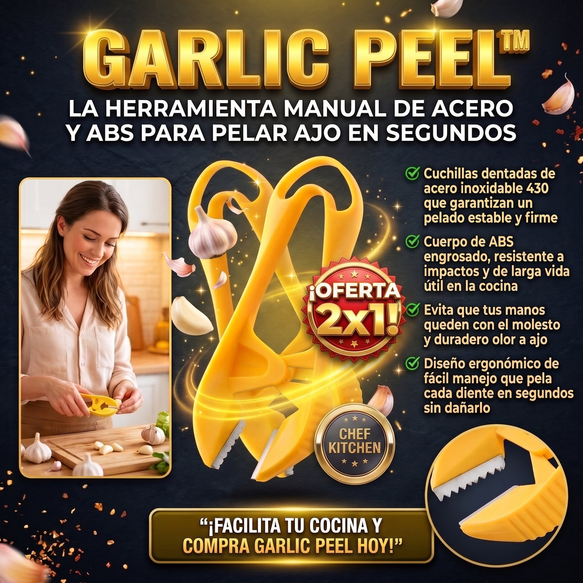 GARLIC PEEL™ Pelador de Ajos Ergonómico con Cuchillas de Acero 2X1