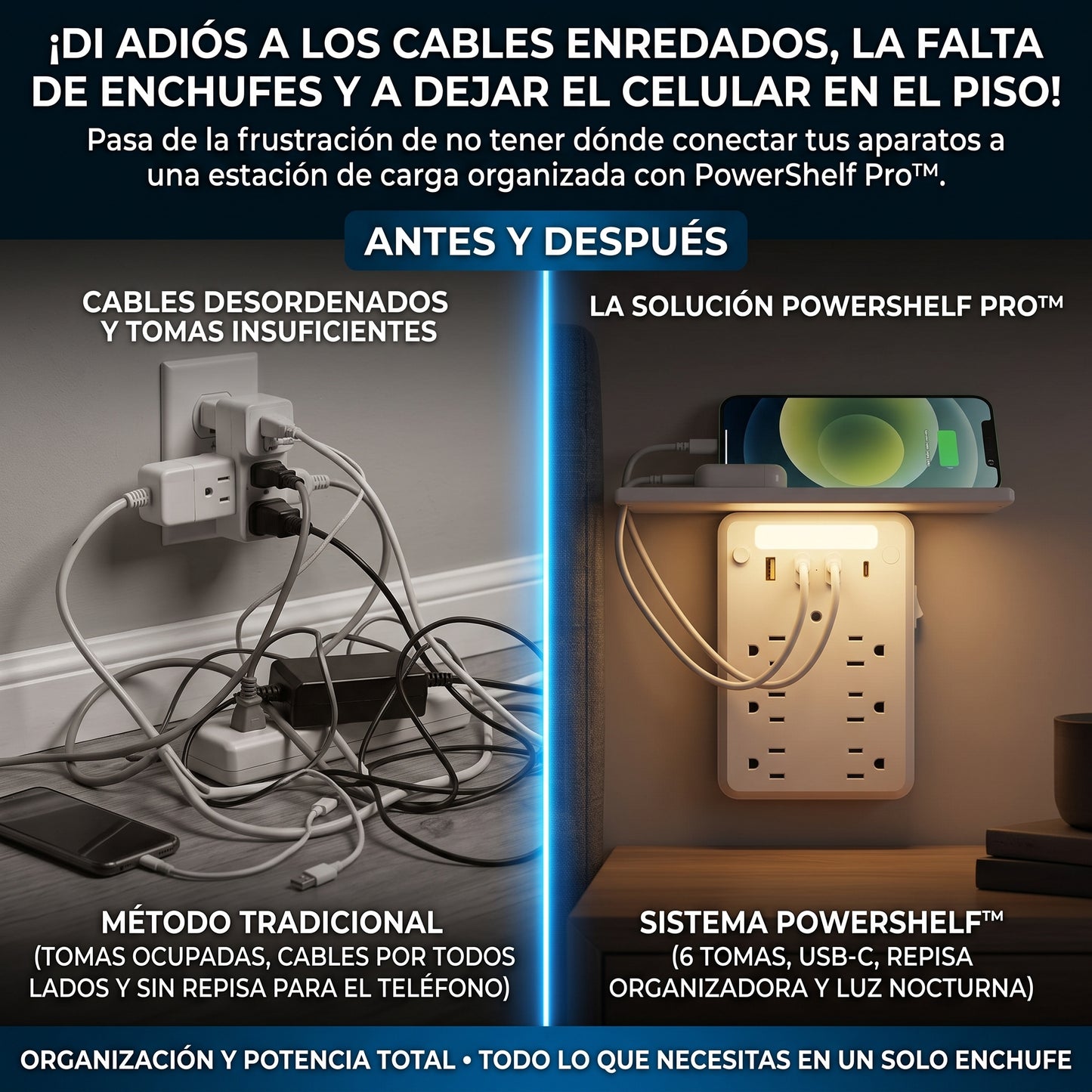 POWERSHELF™ Extensión de Enchufe de Pared con Repisa y Luz Nocturna