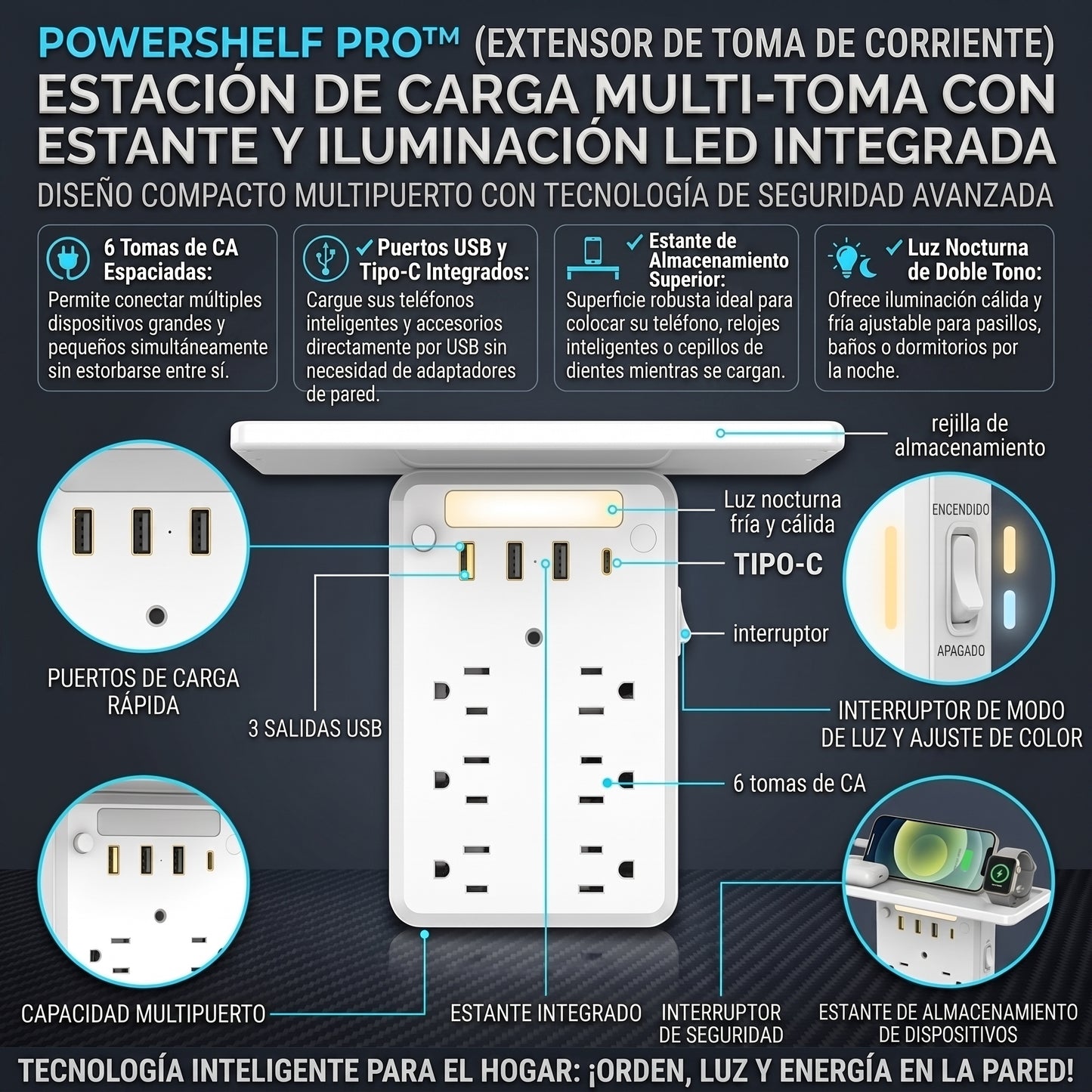 POWERSHELF™ Extensión de Enchufe de Pared con Repisa y Luz Nocturna