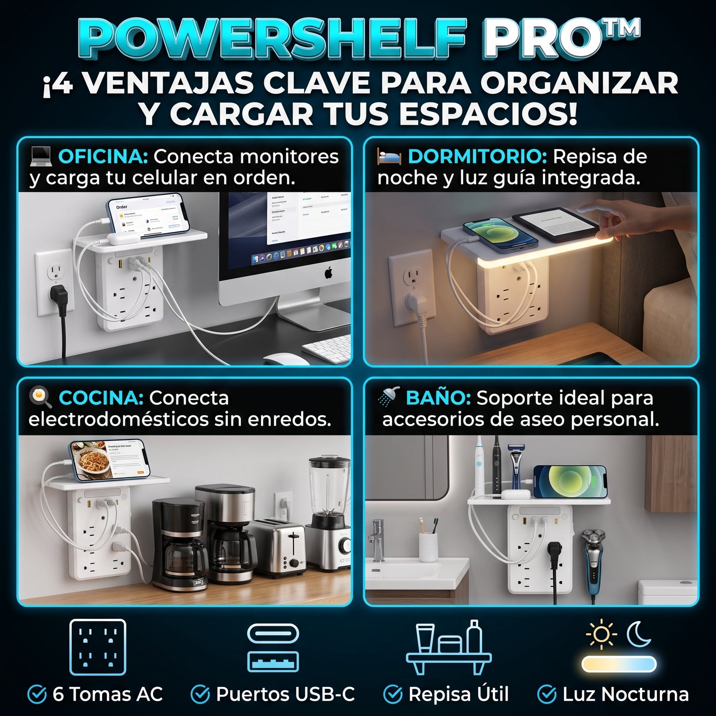 POWERSHELF™ Extensión de Enchufe de Pared con Repisa y Luz Nocturna