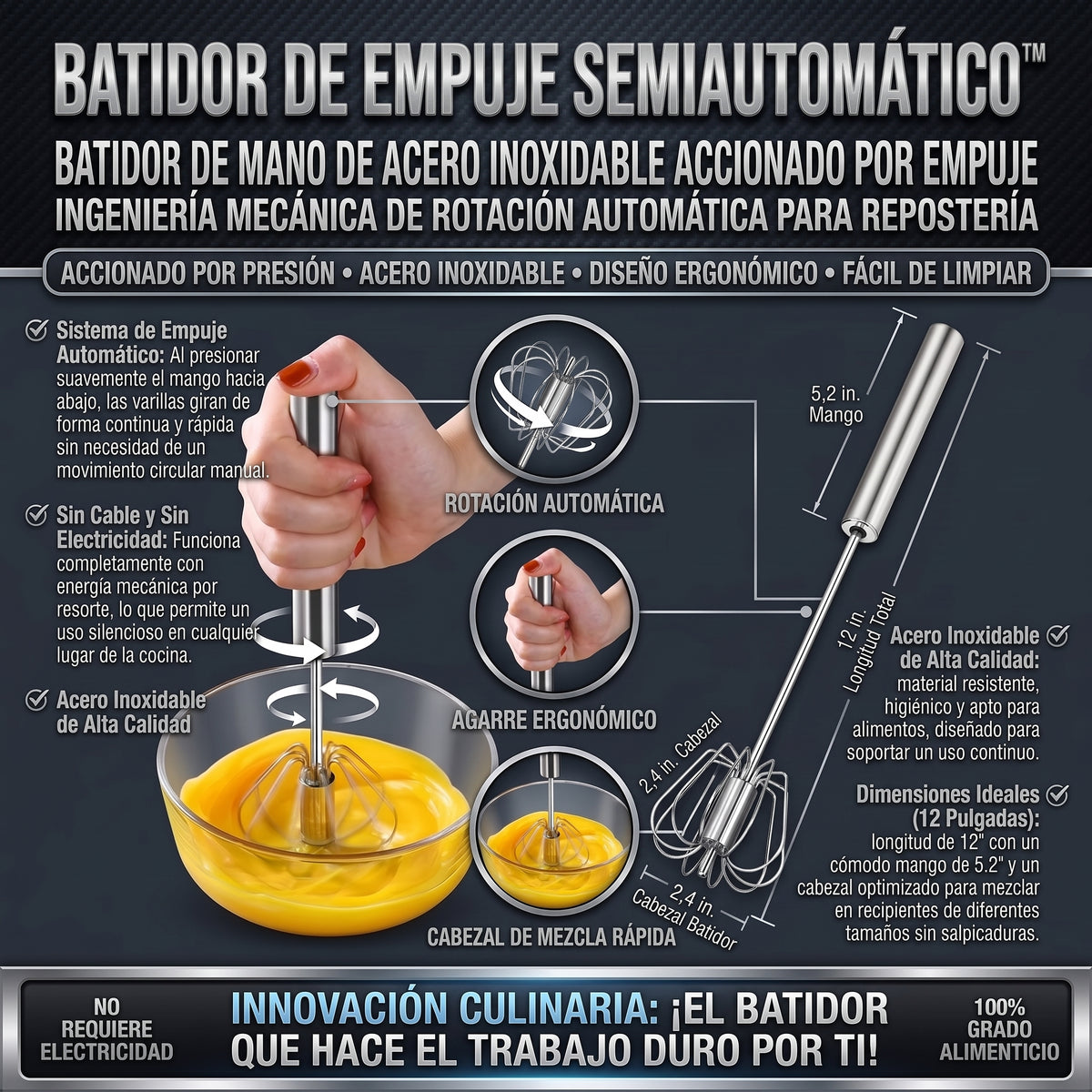 PUSH WHISK™ Batidor Semiautomático de Presión de Acero Inoxidable