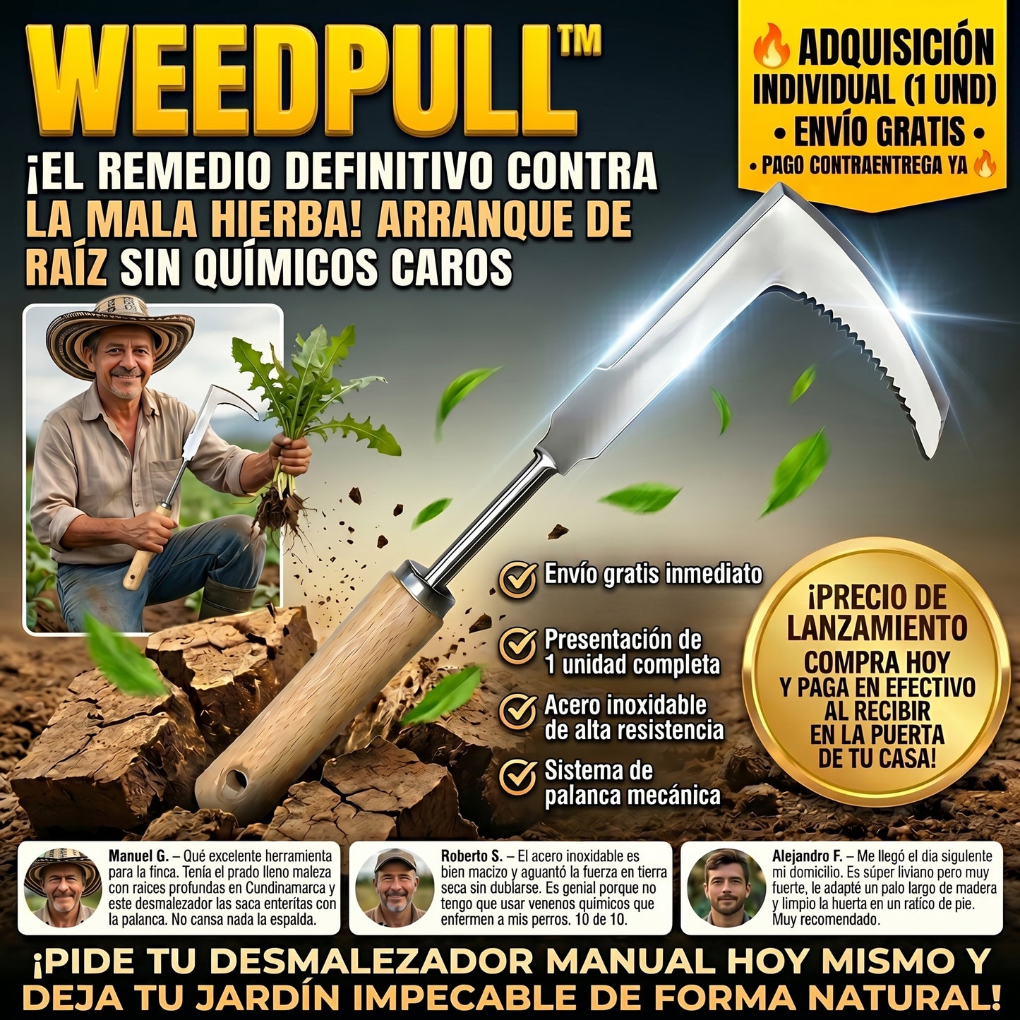WeedPull™ Desmalezadora Manual de Acero Inoxidable con Sistema de Palanca