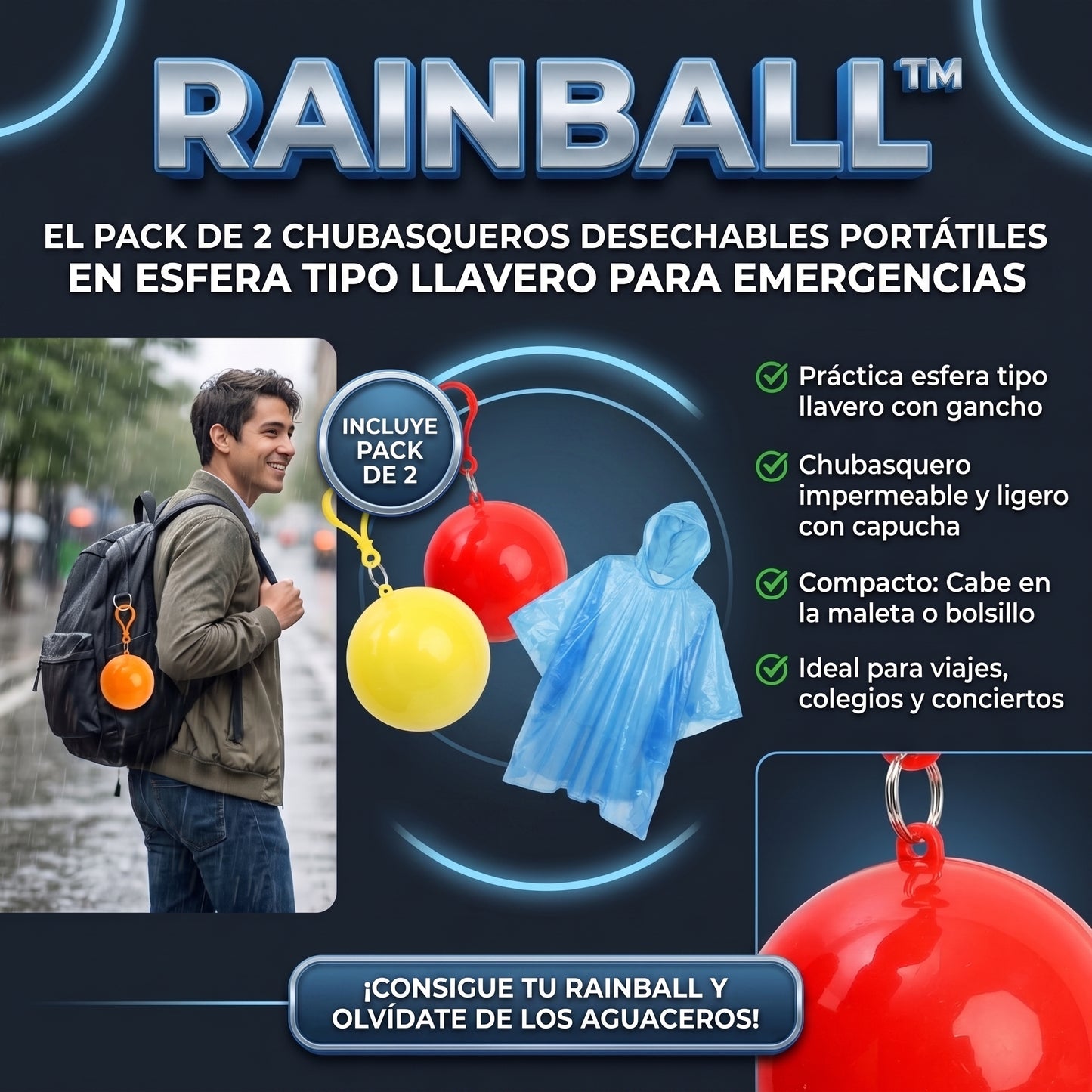 RAINBALL™ Chubasquero Portátil de Emergencia en Llavero Esférico x2 und