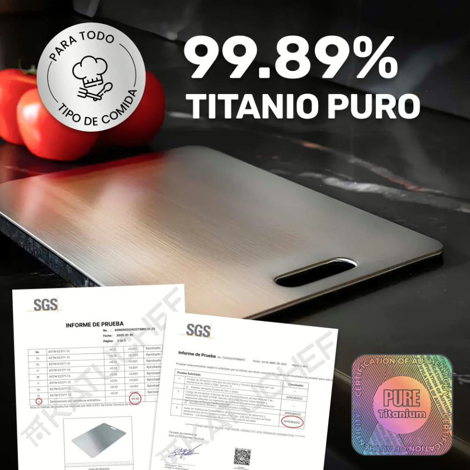 Tabla de cortar de titanio 100% puro: No más microplásticos, bacterias ni cuchillos romos