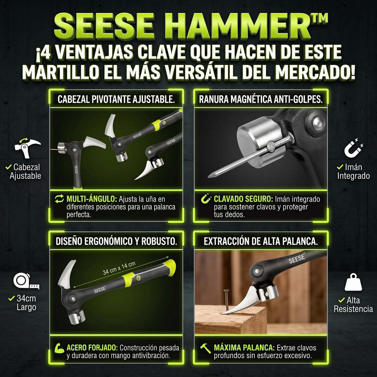 SEESE HAMMER™ Martillo Multifuncional Ajustable, Extractor de Uñas y Magnético