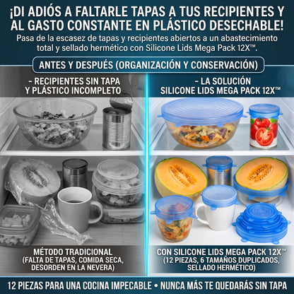 SILICONE LIDS 12X™ Set de 12 Tapas de Silicona Ajustables y Reutilizables para Alimentos