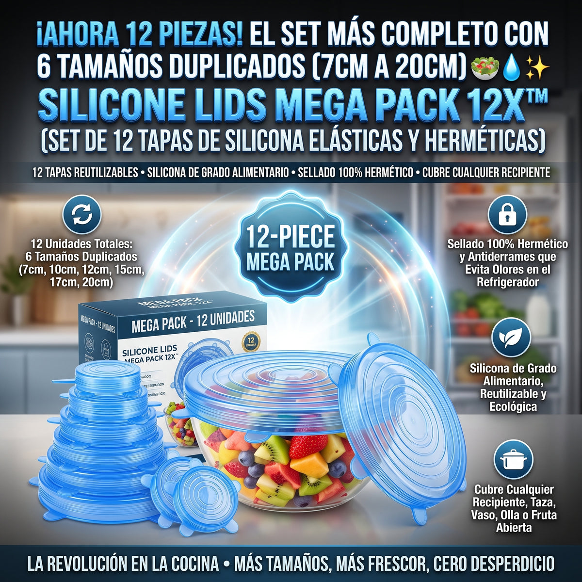 SILICONE LIDS 12X™ Set de 12 Tapas de Silicona Ajustables y Reutilizables para Alimentos