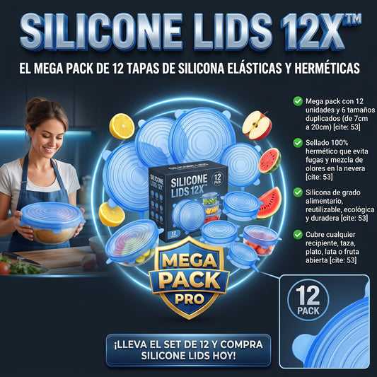 SILICONE LIDS 12X™ Set de 12 Tapas de Silicona Ajustables y Reutilizables para Alimentos