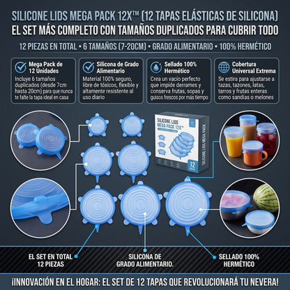 SILICONE LIDS 12X™ Set de 12 Tapas de Silicona Ajustables y Reutilizables para Alimentos