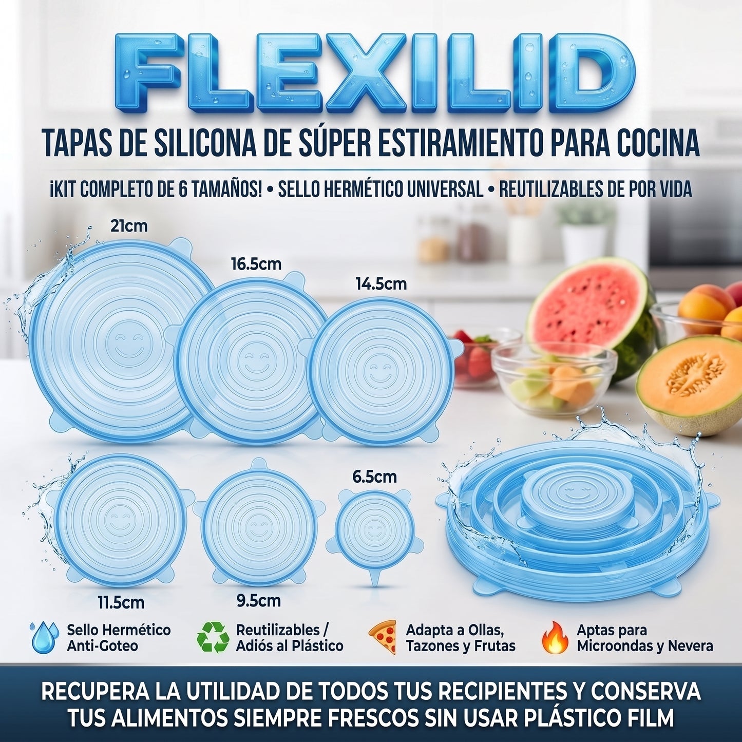 FlexiLid™ Tapas de Silicona Súper Estiramiento Universales set x 5