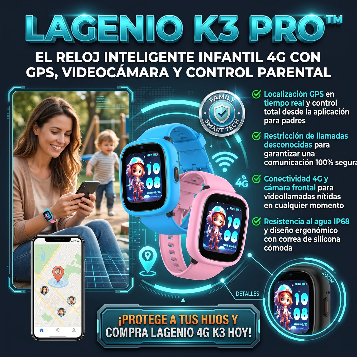 LAGENIO K3 PRO™ Smartwatch 4G con GPS para Niños