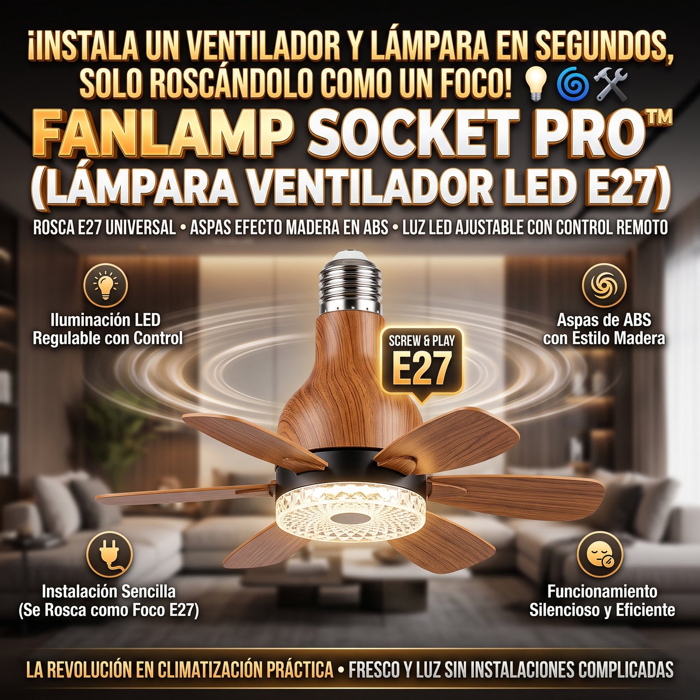 FANLAMP™ Lámpara de Techo LED Aspas Efecto Madera y Rosca E27
