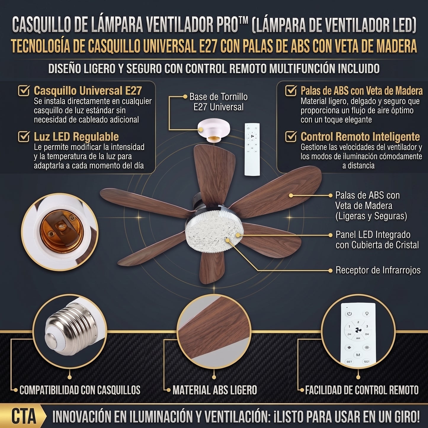 FANLAMP™ Lámpara de Techo LED Aspas Efecto Madera y Rosca E27