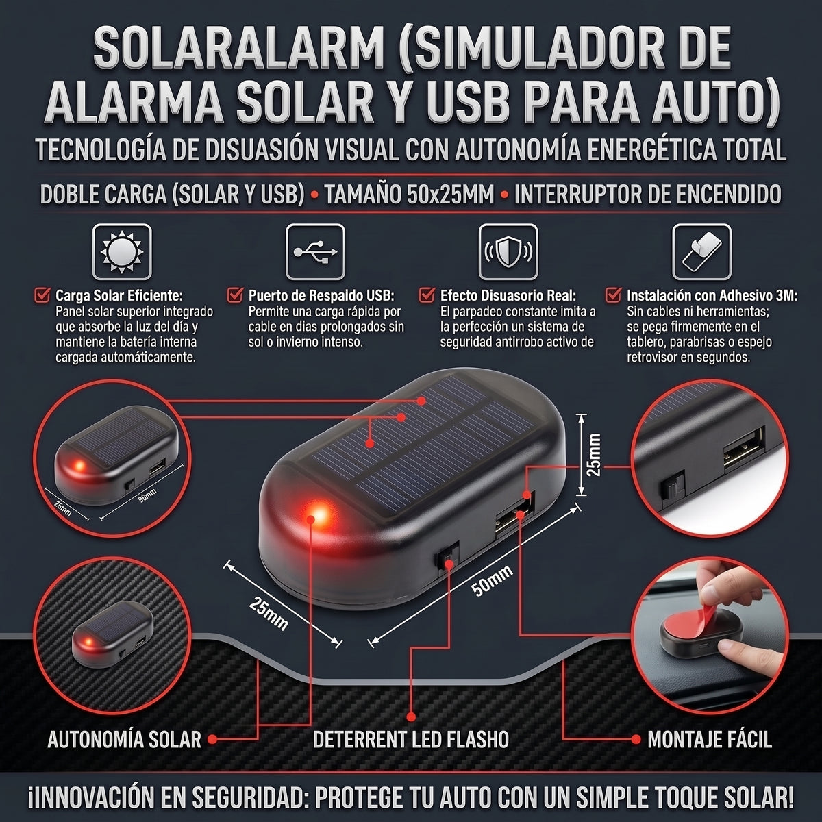 SOLARALARM™ Simulador de Alarma LED Antirrobo con Carga Solar y USB 2x1