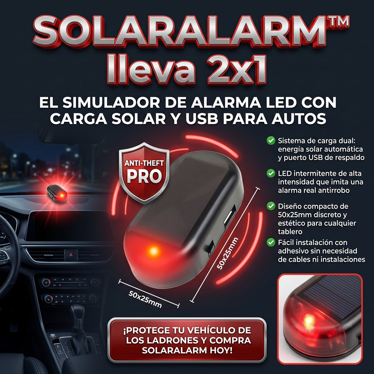 SOLARALARM™ Simulador de Alarma LED Antirrobo con Carga Solar y USB 2x1