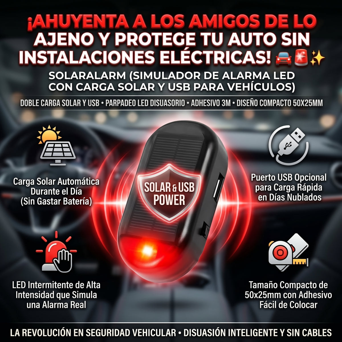 SOLARALARM™ Simulador de Alarma LED Antirrobo con Carga Solar y USB 2x1